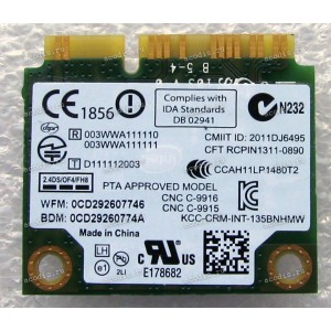 WLAN Half Mini PCI-E U.FL Intel Centrino 135BNHMW 802.11 b/g/n BT 4.0 Lenovo IdeaPad G400, G405, G500, G505 (p/n Lenovo FRU: 04W3783) Antenna connector U.FL