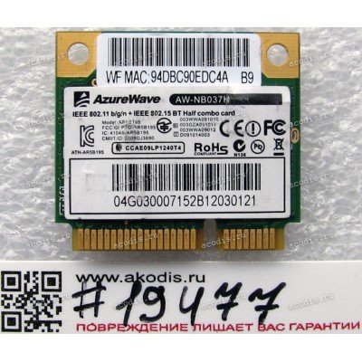 WLAN Half Mini PCI-E U.FL AzureWave AW-NB037H 802.11 b/g/n BT3.0 (Asus p/n 04G030007152) Antenna connector U.FL
