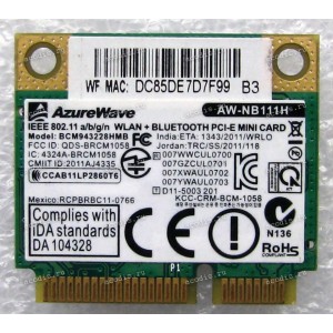 WLAN Half Mini PCI-E U.FL AzureWare AW-NB111H BCM943228HMB 802.11 a/b/g/n BT4.0 Asus U38DT, U38N (Asus p/n 0C011-00040800) Antenna connector U.FL