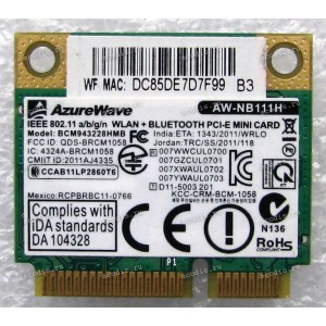 WLAN Half Mini PCI-E U.FL AzureWare AW-NB111H BCM943228HMB 802.11 a/b/g/n BT4.0 Asus U38DT, U38N (Asus p/n 0C011-00040800) Antenna connector U.FL WLAN Half Mini PCI-E U.FL AzureWare AW-NB111H BCM943228HMB 802.11 a/b/g/n BT4.0 Asus U38DT, U38N (Asus p/n 0C011-00040800) Antenna connector U.FL