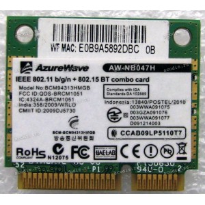 WLAN Half Mini PCI-E U.FL AzureWave AW-NB047H 802.11b/g/n BT4.0 (Asus p/n 04G030007160) Antenna connector U.FL