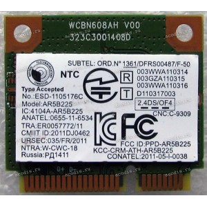 WLAN Half Mini PCI-E U.FL Atheros AR5B225 802.11b/g/n BT4.0 Lenovo IdeaPad G400, G400S, G500, G500S, B490, M490 (Lenovo FRU: 20200197) Antenna connector U.FL