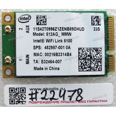 WLAN Mini PCI-E U.FL Intel WiFi Link 5100 512AG_MMW 802.11a/b/g Lenovo ThinkPad R400, R500, SL300, SL400, SL400c, SL500, SL500c, T400, T500, W500, W700, W700ds, X200, X200s, X200 X301, 3000, N500 (Lenovo FRU: 42T0997, Asus p/n 04G030004800) Antenna connec