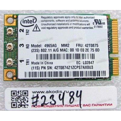 WLAN Mini PCI-E U.FL Intel 4965AG 802.11a/b/g Lenovo ThinkPad T61 (p/n: FRU 42T0875) Antenna connector U.FL