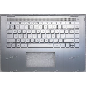 Keyboard HP Pavilion x360 14 14-ba0xx, 14m 14m-ba0xx, 14m-ba2xx, 14-cc0xx, 14t  14t-cc0xx серебристая в серебристом топкейсе с подсветкой русифицированная (928708-251, 937871-251, 46M.0C2CS.0088, 46M0C2CS0088, 4600BZ04000, 916924-251, 490.0BZ07.0P0R, 2B-B