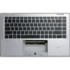 Keyboard HP EliteBook x360 1040 G7, 1040 G8 WWAN (M16932-251, M16933-251, M17469-251, 7H20A0, 71NJ7232118, PK132VG2A05, SG-A2270-XAA, HPM19K13SUJ6981, PK132VG1B05)+Topcase чёрная матовая в серебристом топкейсе русифицированная с подсветкой TOP CVR W/KEYBO