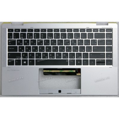 Keyboard HP EliteBook x360 1040 G7, 1040 G8 WWAN (M16932-251, M16933-251, M17469-251, 7H20A0, 71NJ7232118, PK132VG2A05, SG-A2270-XAA, HPM19K13SUJ6981, PK132VG1B05)+Topcase чёрная матовая в серебристом топкейсе русифицированная с подсветкой TOP CVR W/KEYBO