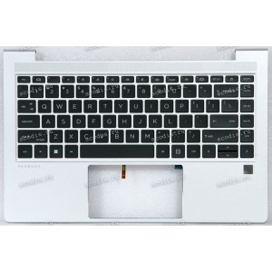 Keyboard HP ProBook 440 G8, G9, G10, 445 G8, G9, G10 (M23769-251)+Topcase чёрная матовая в серебристом топкейсе английская С подсветкой