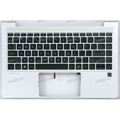 Keyboard HP ProBook 440 G8, G9, G10, 445 G8, G9, G10 (M23769-251)+Topcase чёрная матовая в серебристом топкейсе английская С подсветкой