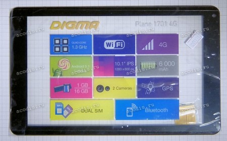 10.1 inch Touchscreen  50 pin, Digma Plane 1700B/1701/E10.1/1501M, черный с рамкой, NEW