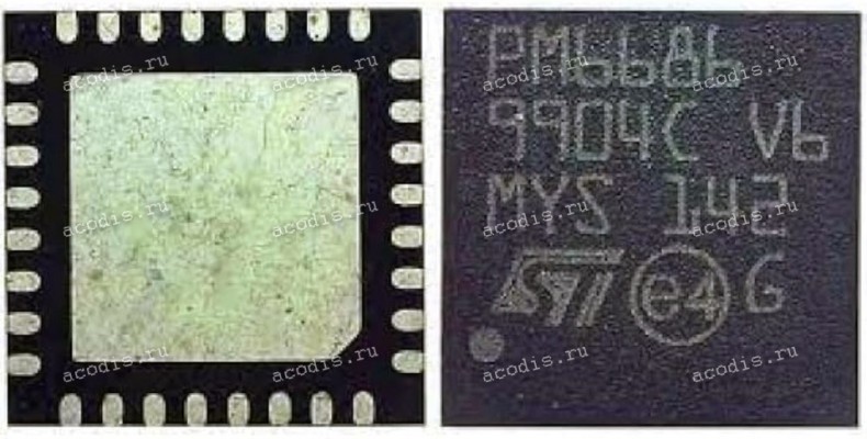 Микросхема STMicroelectronics PM6686, PM6686TR QFN-32, VFQFPN-32 5 x 5 mm Dual step-down controller with adjustable voltages, adjustable LDO and auxiliary charge pump controller for notebook