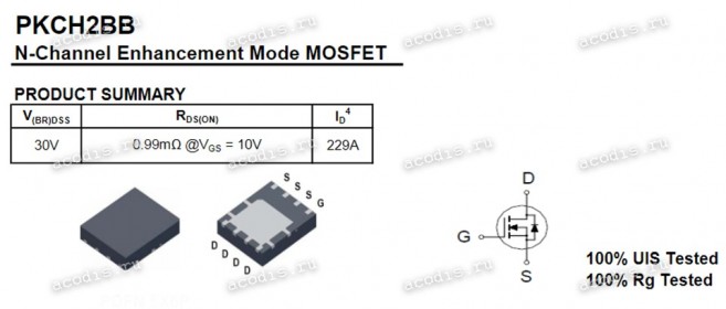 Транзистор NIKOS, NIKO-SEM, Unikc PKCH2BB, PKCH288 PDFN 5x6P, QFN-8 (Asus p/n: 07005-A0990100) NEW original N-Channel Enhancement Mode Field Effect Transistor 229A 30V 0,99Ohm